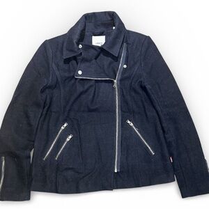 LEVI'S Women's Asymmetrical Wool Blend Moto Jacket Coat Sz M Navy With Hood